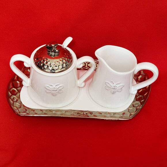 Honeycomb Bee Hive Creamer Pitcher Sugar Serving Spoon Set with Tray White Porce - Picture 3 of 12